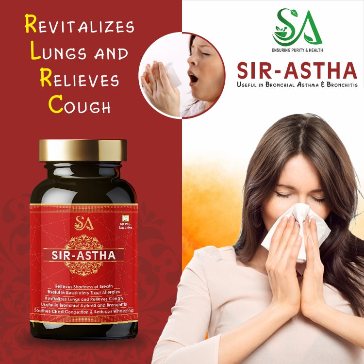 Sire Ayurveda SIR-ASTHA Ayurvedic Capsule, Relief from breath shortness, Congestion, Coughing, Respiratory Disorder,Easy Breathing, Lungs Health & Wellness 60 Capsules