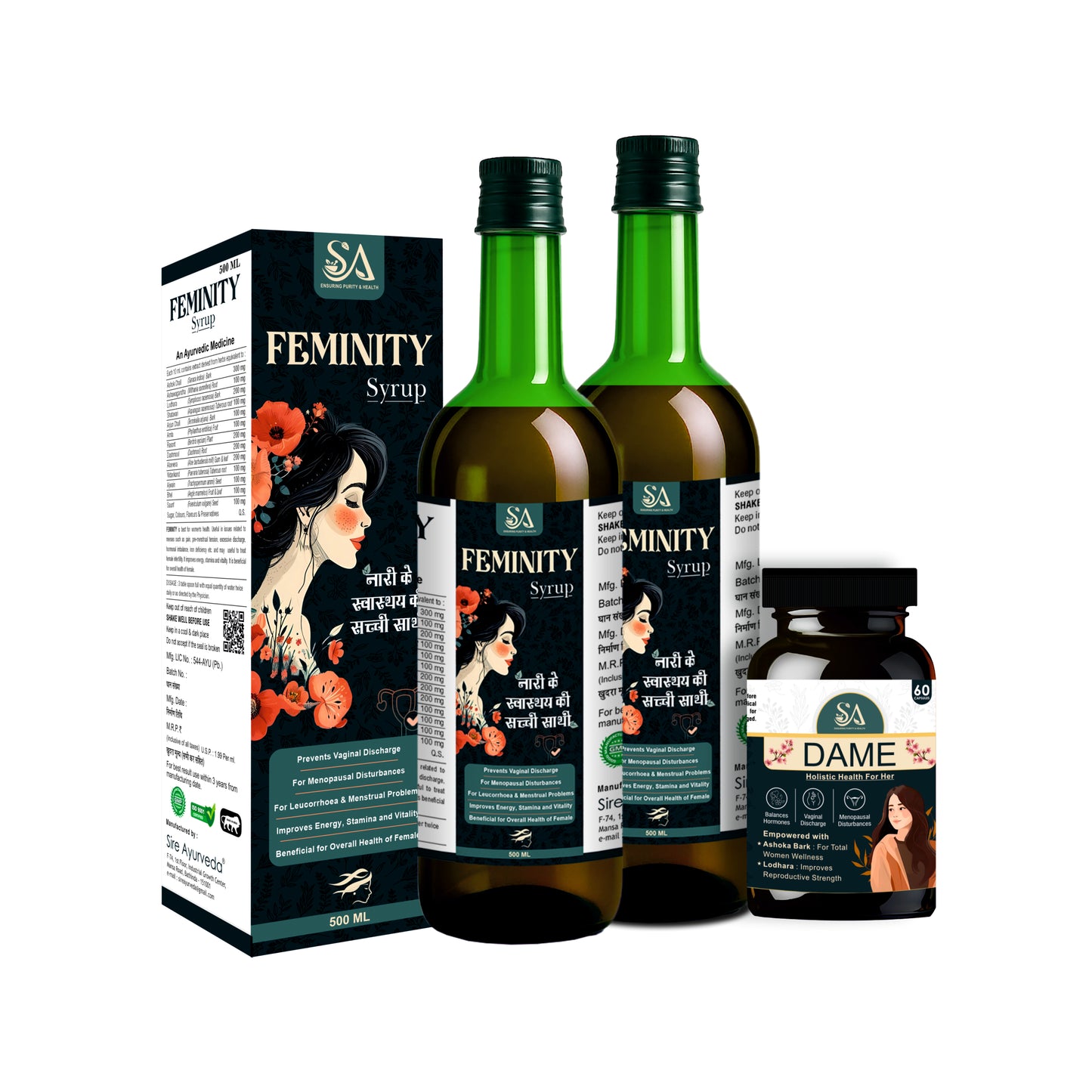 🌸 Sire Feminity & Dame Combo – Complete Women’s Wellness Support (Ayurvedic Syrup + Capsules)