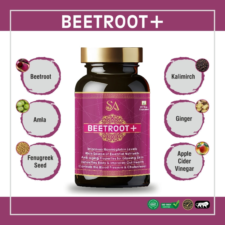 Sire Ayurveda Beetroot(Capsules Iron Supplement, Increases Hemoglobin, Ideal for Sensitive Stomachs - Non-Constipating, Red Blood Cell Supplement, 60 Capsules)
