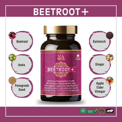 Sire Ayurveda Beetroot(Capsules Iron Supplement, Increases Hemoglobin, Ideal for Sensitive Stomachs - Non-Constipating, Red Blood Cell Supplement, 60 Capsules)