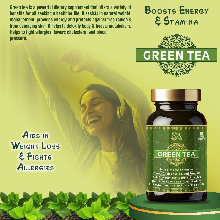 Sire Ayurveda Green Tea Capsules: Metabolism Boost|Weight Loss | Lowers cholesterol | blood pressure| Skin Health -60 Capsules