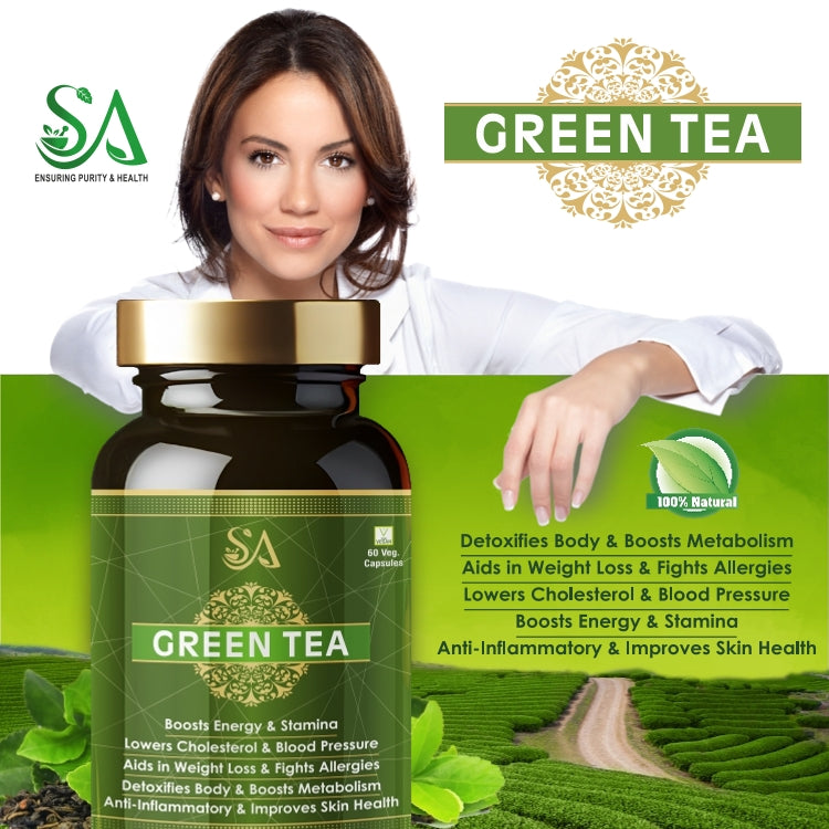 Sire Ayurveda Green Tea Capsules: Metabolism Boost|Weight Loss | Lowers cholesterol | blood pressure| Skin Health -60 Capsules