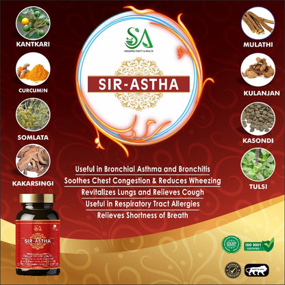 Sire Ayurveda SIR-ASTHA Ayurvedic Capsule, Relief from breath shortness, Congestion, Coughing, Respiratory Disorder,Easy Breathing, Lungs Health & Wellness 60 Capsules