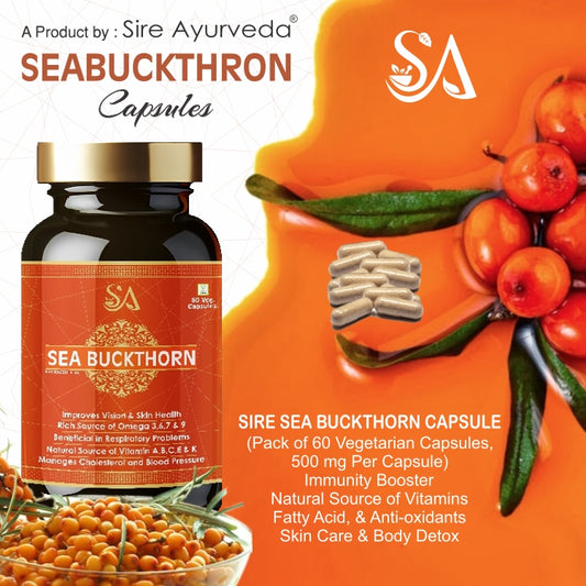 Sire Ayurveda Sea Buckthorn Capsules| Omega 3, 6, 7, 9,|Multivitamin A| B| C| E & K| Respiratory Support| Vision| Skin| Cholesterol| Blood Pressure Management - 60 capsules
